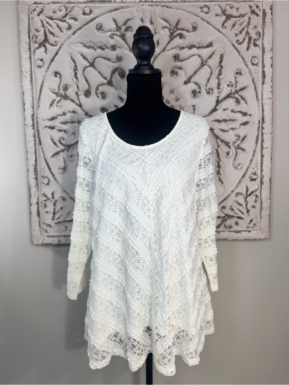 Casual Express XL Ivory Lace Tunic Top Long Sleeve Boho Romantic Lined